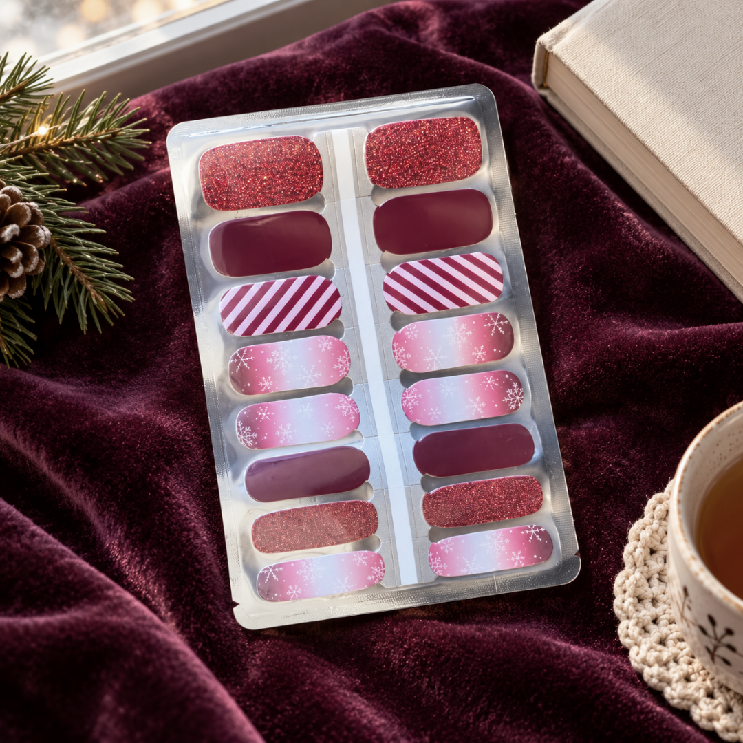 Christmas Frosted Candy Cane Nail Wraps, red glitter, candy cane stripes and snowflakes – EZYNails nail wraps, NZ