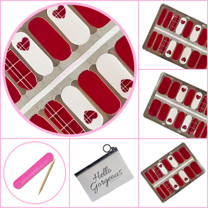 Scarlet Plaid Heart Nail wraps