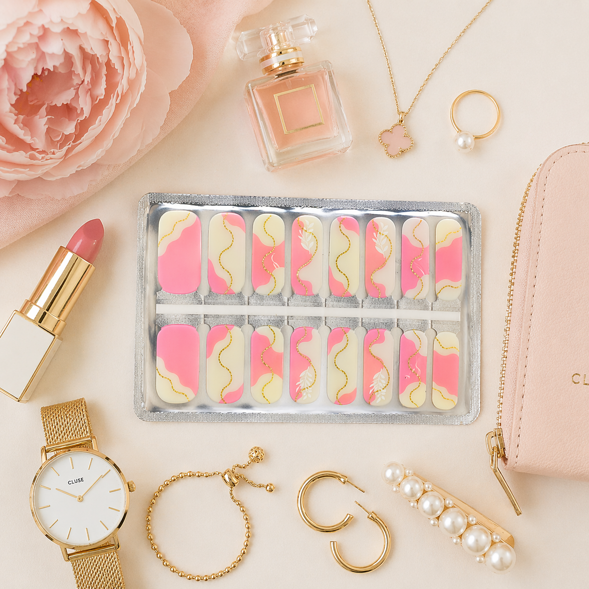 Pretty Pink & Gold Minimalist Nail Wraps